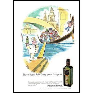 1971 Passport Scotch Vintage Print Ad Venice Italy Gondola Bridge Cartoon Art